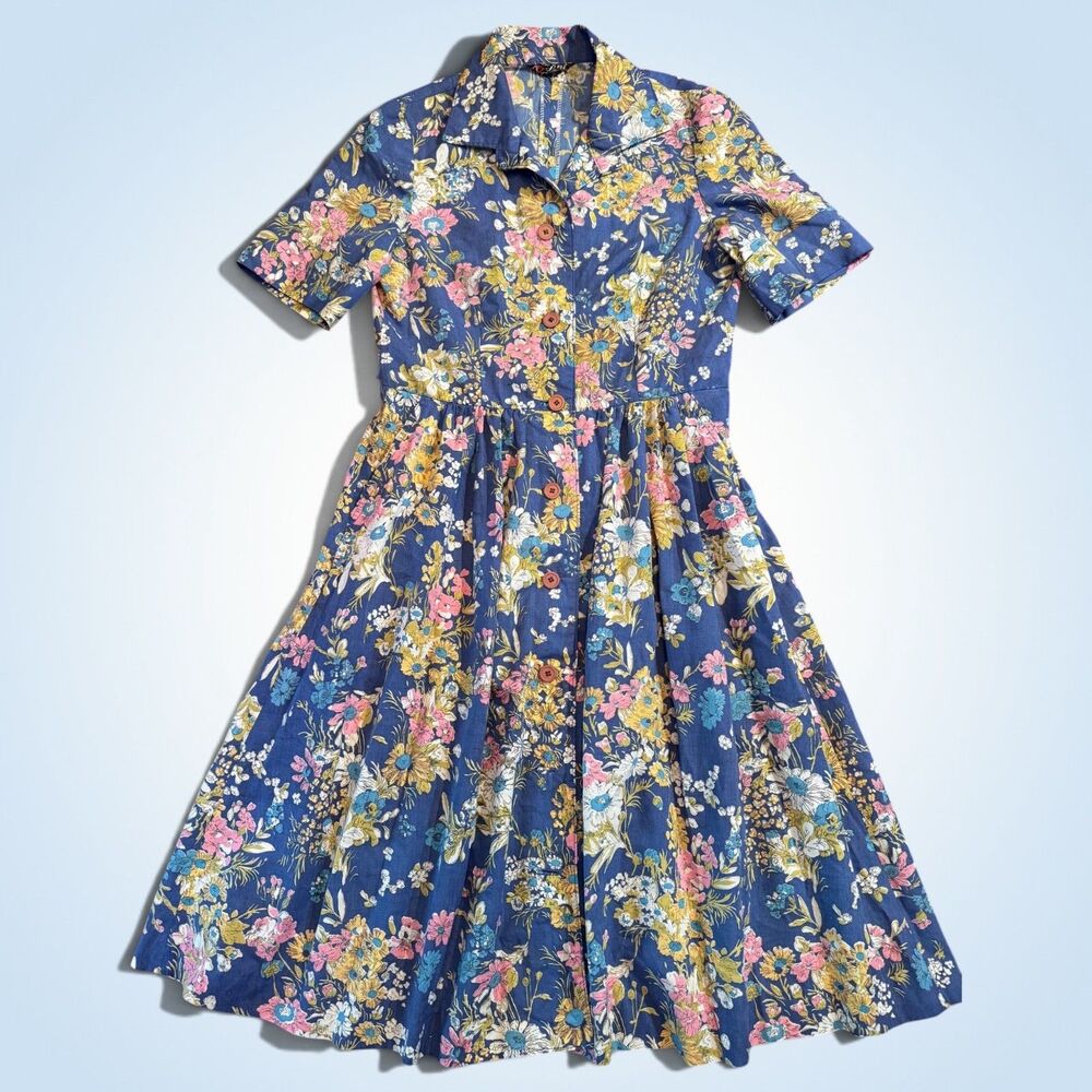 Vintage 60s King Ant Floral Shirt Dress Vibrant Blue Cotton Midi Mod Housewife S
